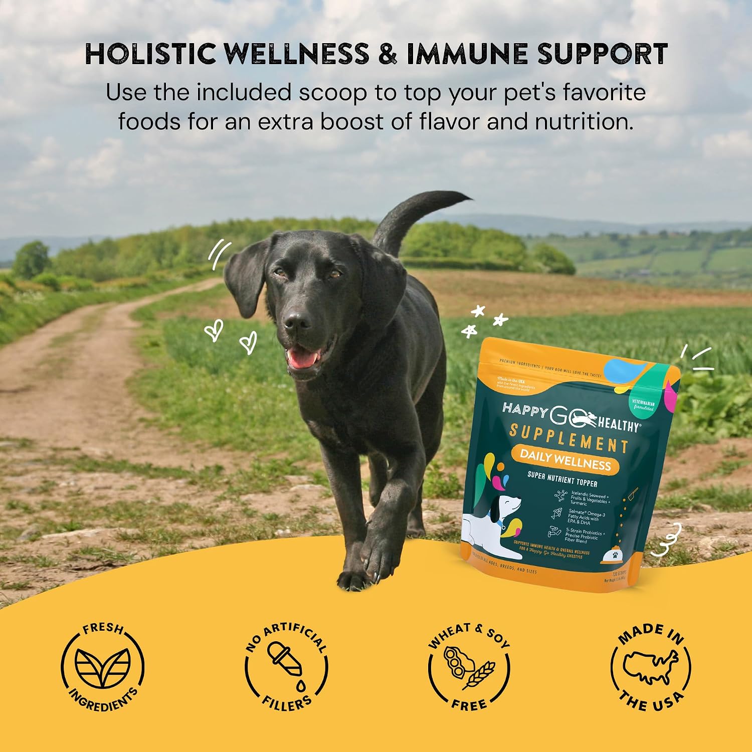 Happy Go Healthy Complemento Diario para Perros | Probióticos y Prebióticos con Aceite de Salmón y Algas | 120 unidades