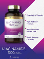 Carlyle Niacinamida 1000 mg | 400 Cápsulas | Fórmula de Alta Potencia | No-GMO, Sin Gluten
