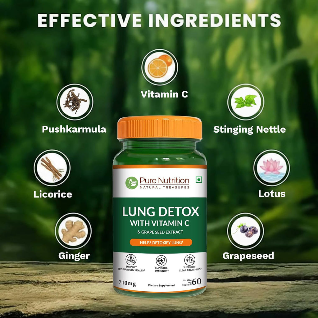 Pure Nutrition Lung Health Supplement | 60 Cápsulas | Fórmula Herbal de Apoyo Pulmonar con Quercetina, Vitamina C, Ortiga, Vasaka, Loto, Regaliz y Jengibre