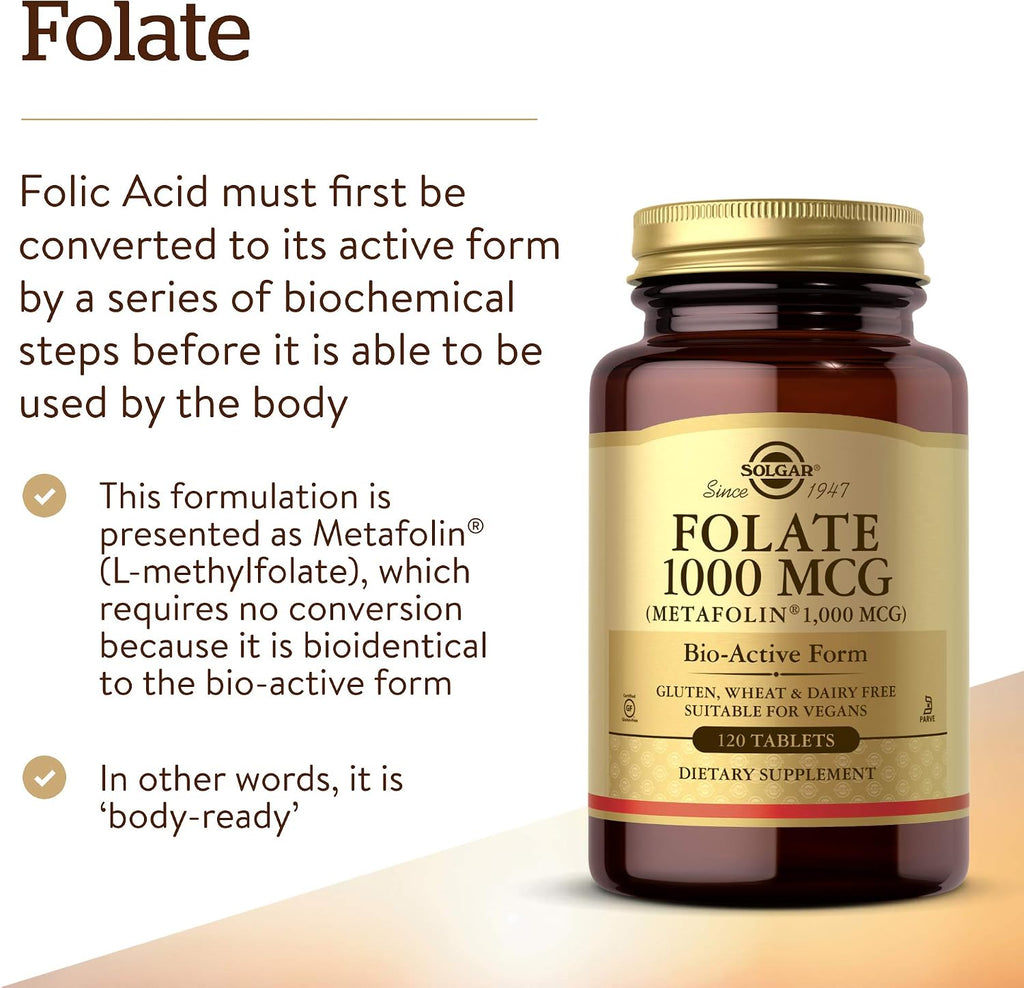 Solgar Folato 1000 mcg, 120 Comprimidos - Metafolín Bioactivo - Vegano, Sin Gluten, Sin Lácteos, Kosher