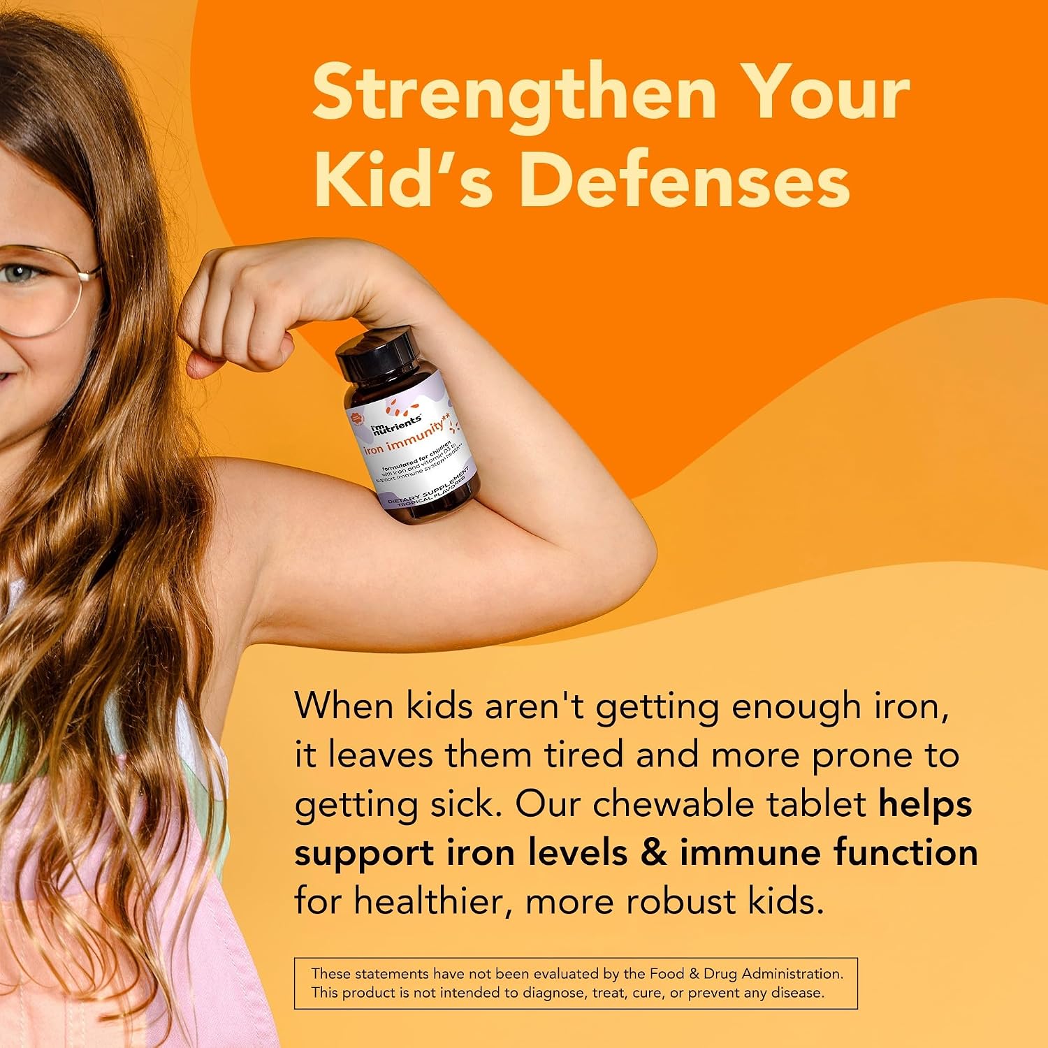 I'm Nutrients Iron Immunity | Hierro para Niños con Vitamina C y D3 | 60 Comprimidos Masticables