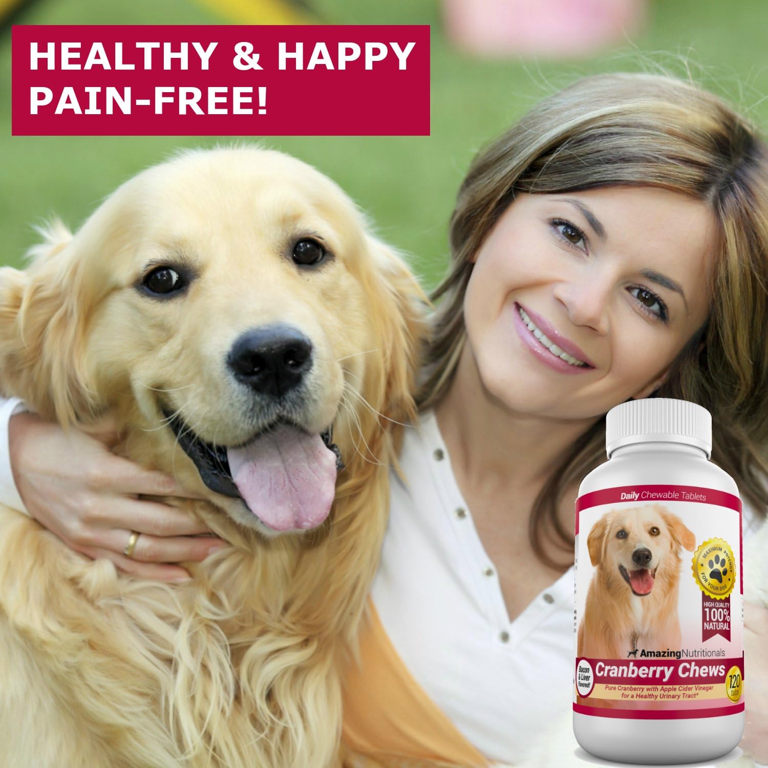 Amazing Cranberry Suplemento de Arándano para Perros - Apoyo Urinario y de Vejiga - 120 Masticables con Vinagre de Manzana para la Salud Inmunitaria - Sabor Bacon