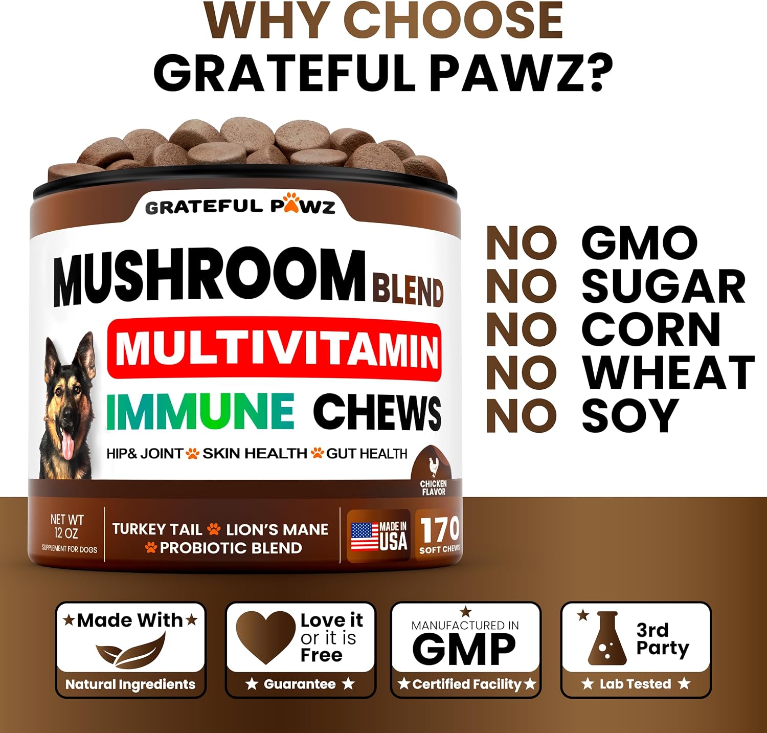 Suplemento de Hongo Cola de Pavo para Perros – 170 Chewables – Multivitamínico con Hongos, Glucosamina y Probióticos