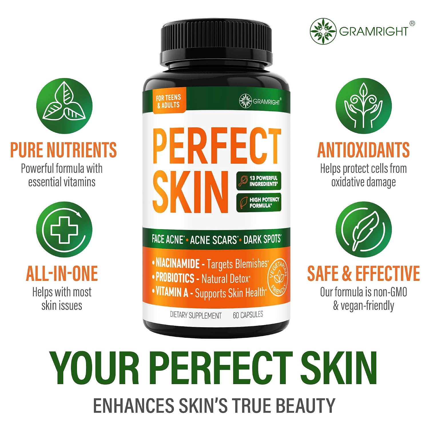 Perfect Skin Acne Pills - Suplemento para el Acné con Niacinamida, Probióticos y Zinc, 60 Cápsulas