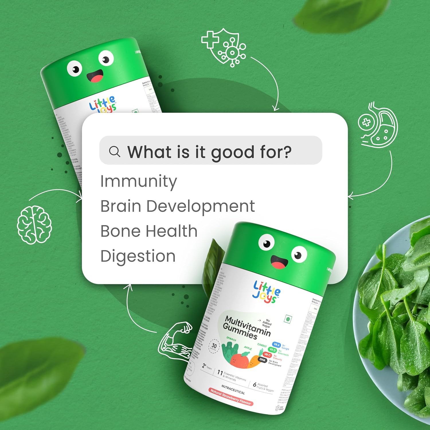 Little Joys Gominolas Multivitamínicas para Niños - con DHA, Vitaminas y Prebiótico - Sin Azúcar - Sabor Fresa - 30 unidades
