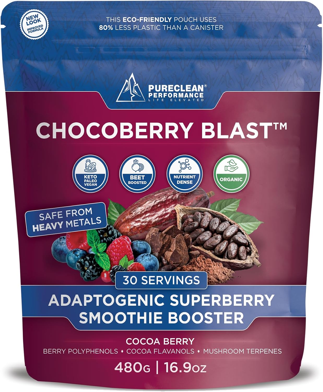 ChocoBerry Blast Superfood Powder – Mezcla Adaptógena de Superbayas con Remolacha, Champiñones y Polifenoles – Apoyo para la Recuperación, Energía y Salud Intestinal – Chocolate (480g)