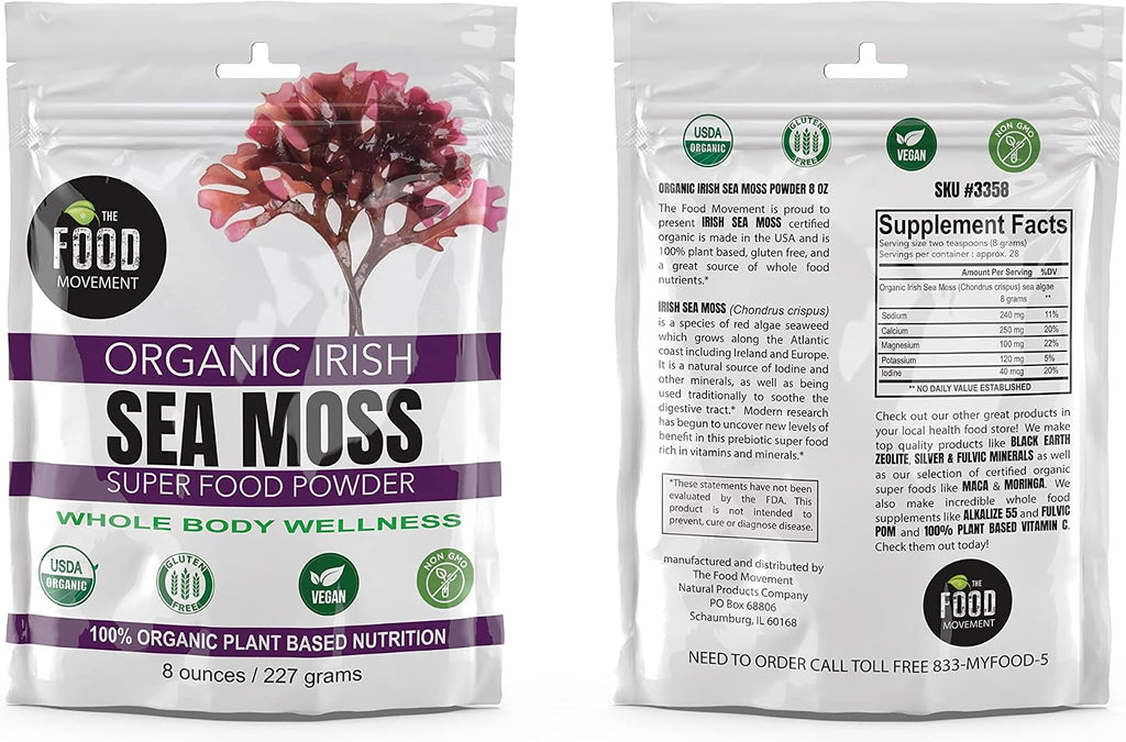 The Food Movement Co. Irish Sea Moss Orgánico Crudo en Polvo - Superalimento Mineral para la Salud Celular, Tiroides y Apoyo Inmunológico - Vegano