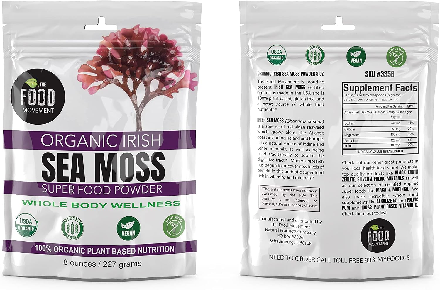 The Food Movement Co. Irish Sea Moss Orgánico Crudo en Polvo - Superalimento Mineral para la Salud Celular, Tiroides y Apoyo Inmunológico - Vegano
