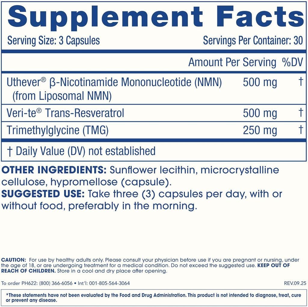 Liposomal NMN Pro Complete (90 Cápsulas) - Liposomal Uthever NMN, Trans-Resveratrol, TMG