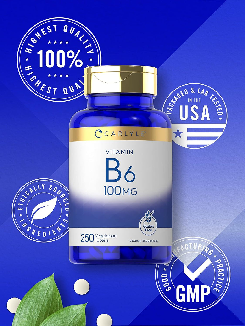 Carlyle Vitamina B6 100mg | 250 Comprimidos | Piridoxina Clorhidrato | Vegetariano, Sin Gluten, No GMO