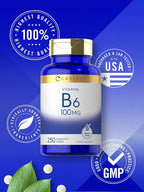 Carlyle Vitamina B6 100mg | 250 Comprimidos | Piridoxina Clorhidrato | Vegetariano, Sin Gluten, No GMO