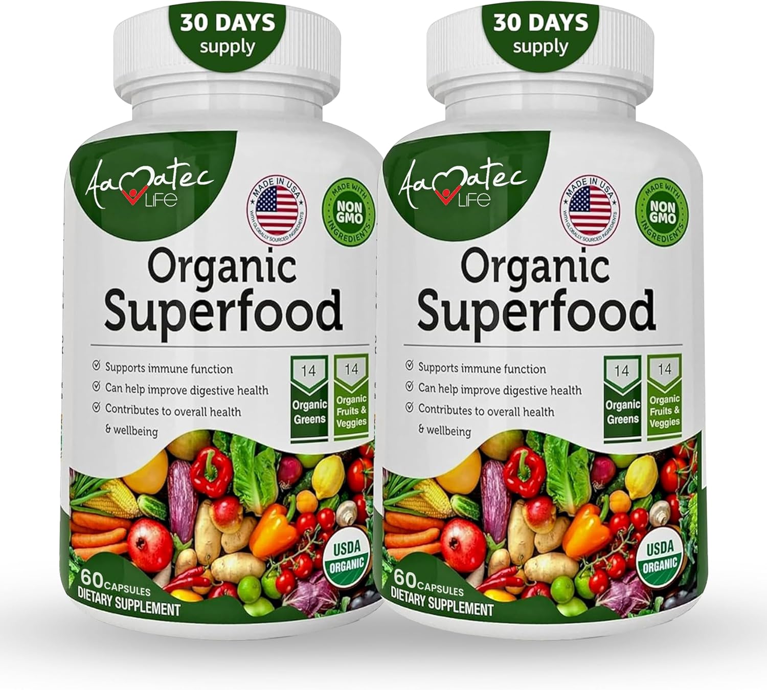 AAMATEC LIFE Superalimentos Orgánicos Verduras y Frutas - 120 Comprimidos (Paquete de 2)
