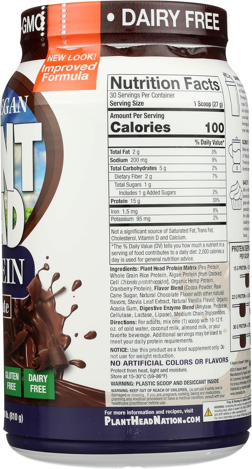 Genceutic Naturals Plant Head Protein - Plant-Based Protein Supplement, Chocolate, 822g