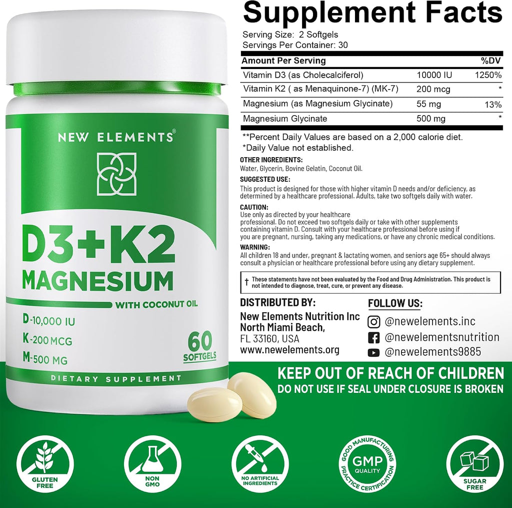 New Elements Vitamina D3 K2 10.000 UI con Magnesio Glicinato 500mg - 60 Cápsulas Blandas