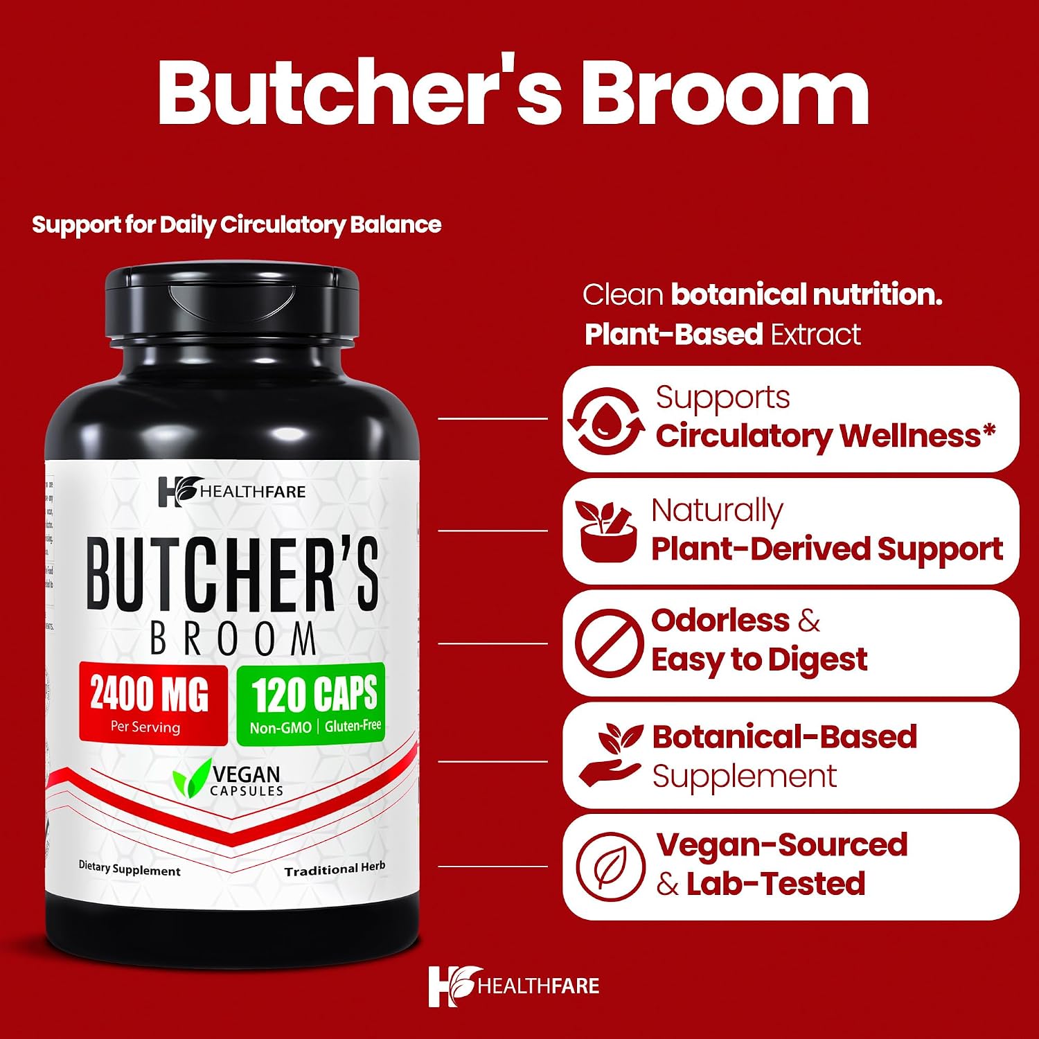Healthfare Suplemento de Rusco (Butcher's Broom) | 120 Cápsulas Vegetales | Extracto 2400mg