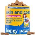 Happy Paws Suplemento para la Piel y el Pelaje de Perros, Apoyo para Picor y Alergias, Confort para Piel Seca y Control de Caída del Pelo con Aceite de Coco y Vitamina B12, Sabor a Pollo Vegano, 100 Masticables