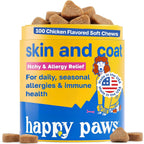 Happy Paws Suplemento para la Piel y el Pelaje de Perros, Apoyo para Picor y Alergias, Confort para Piel Seca y Control de Caída del Pelo con Aceite de Coco y Vitamina B12, Sabor a Pollo Vegano, 100 Masticables