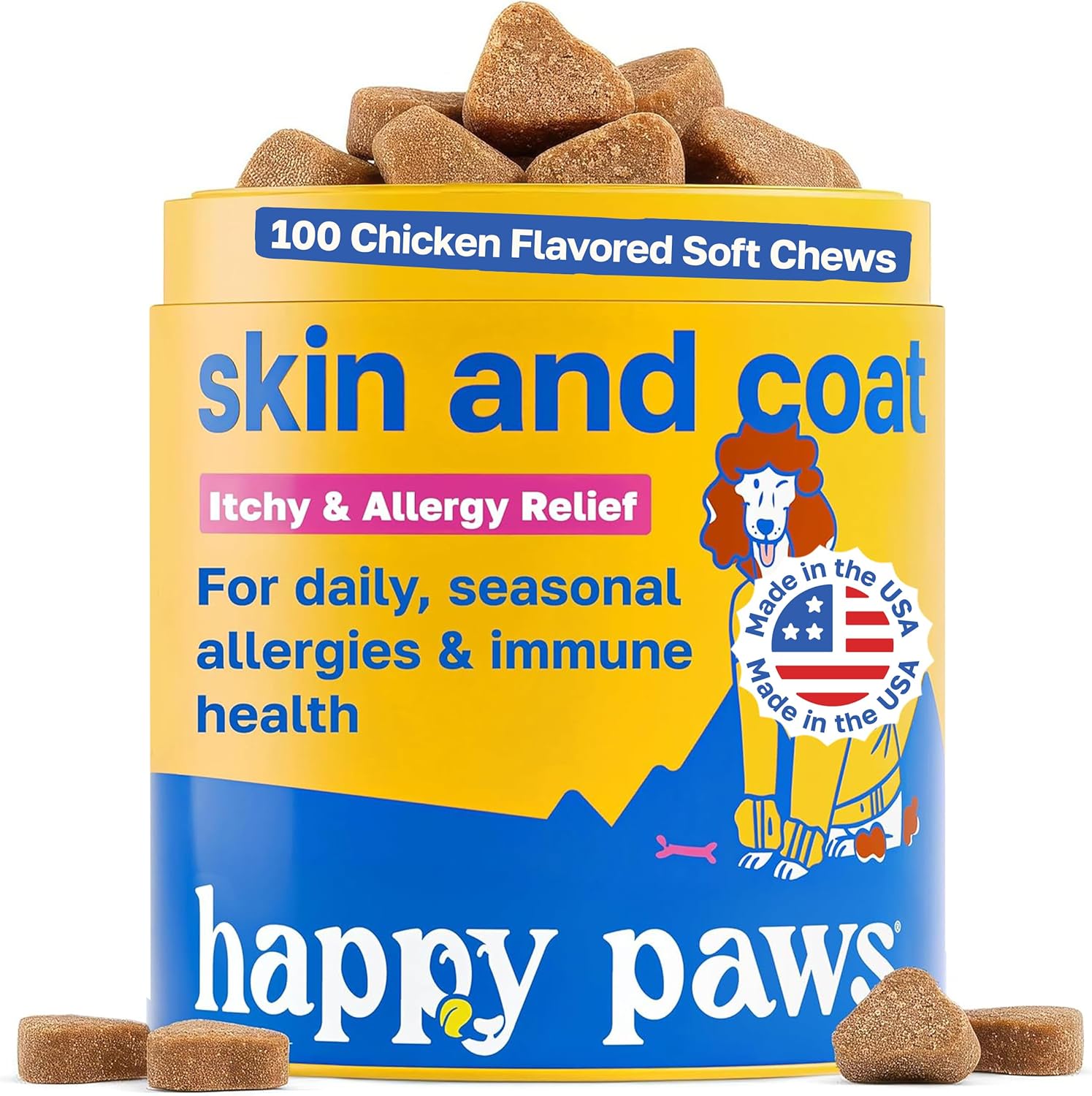 Happy Paws Suplemento para la Piel y el Pelaje de Perros, Apoyo para Picor y Alergias, Confort para Piel Seca y Control de Caída del Pelo con Aceite de Coco y Vitamina B12, Sabor a Pollo Vegano, 100 Masticables