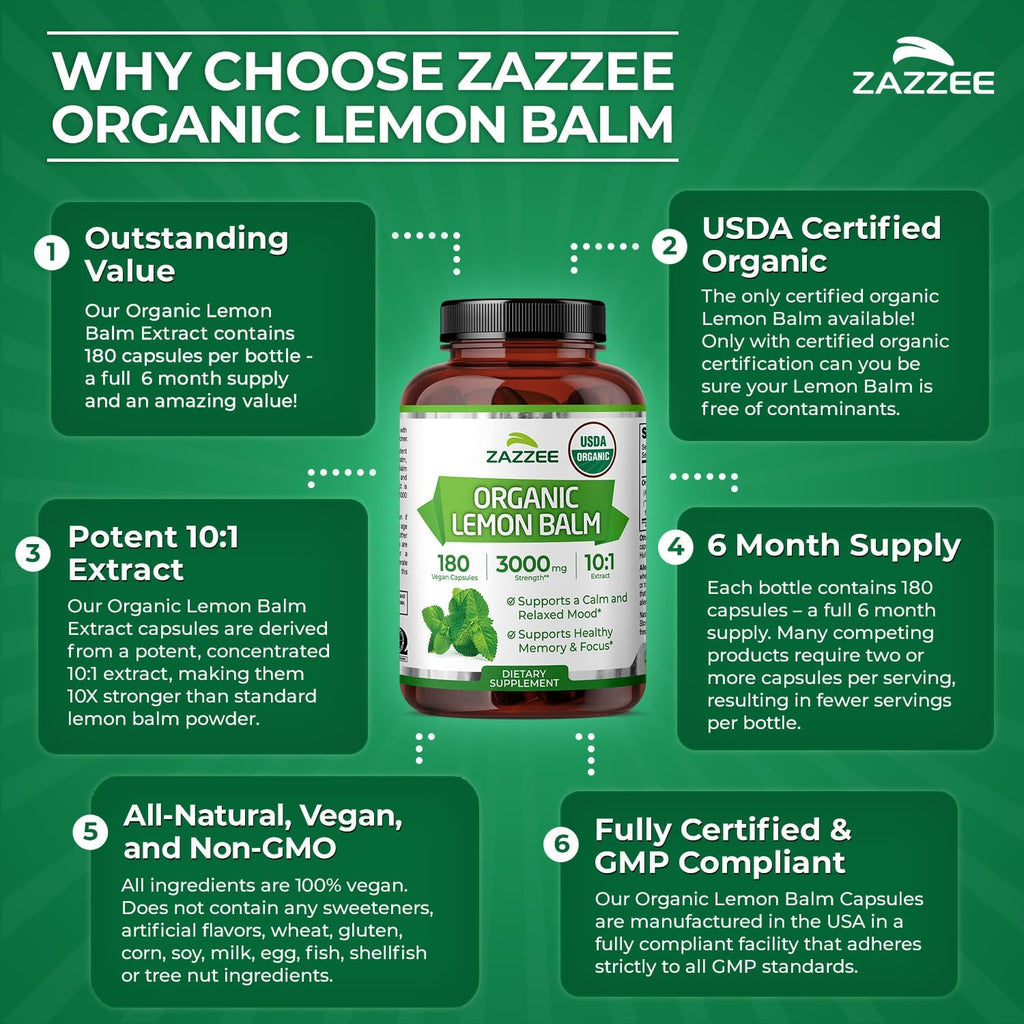 Zazzee Extracto de Melisa Orgánico 10:1 - 180 Cápsulas Veganas, 6 Meses de Suministro