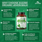 Zazzee Extracto de Melisa Orgánico 10:1 - 180 Cápsulas Veganas, 6 Meses de Suministro