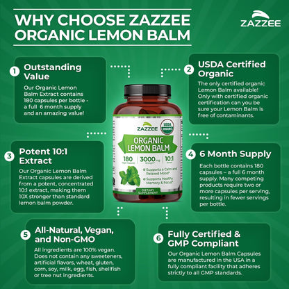 Zazzee Extracto de Melisa Orgánico 10:1 - 180 Cápsulas Veganas, 6 Meses de Suministro – Image 6