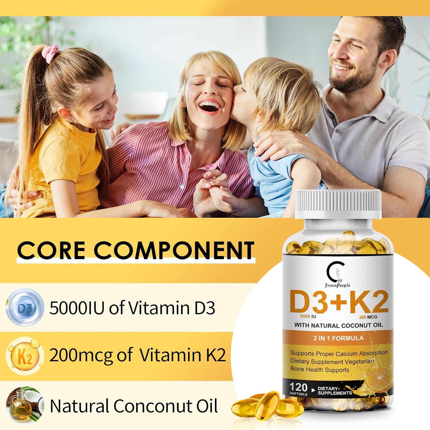 Vitamina D3 + K2 MK-7 5000 UI / 200 mcg - 120 Cápsulas Blandas - GPGP GreenPeople