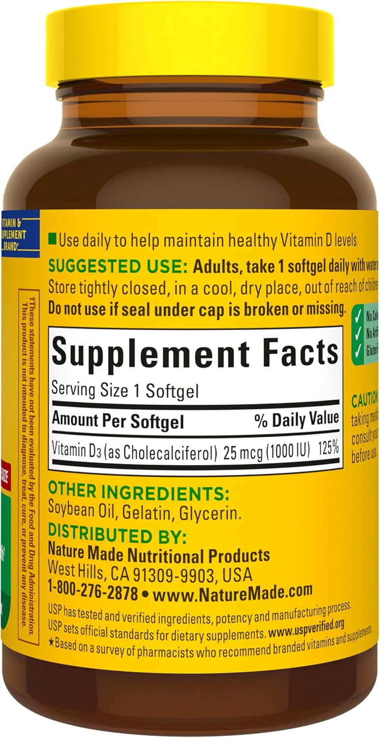 Nature Made Vitamina D3 1000 IU (25 mcg) – 180 Cápsulas Blandas