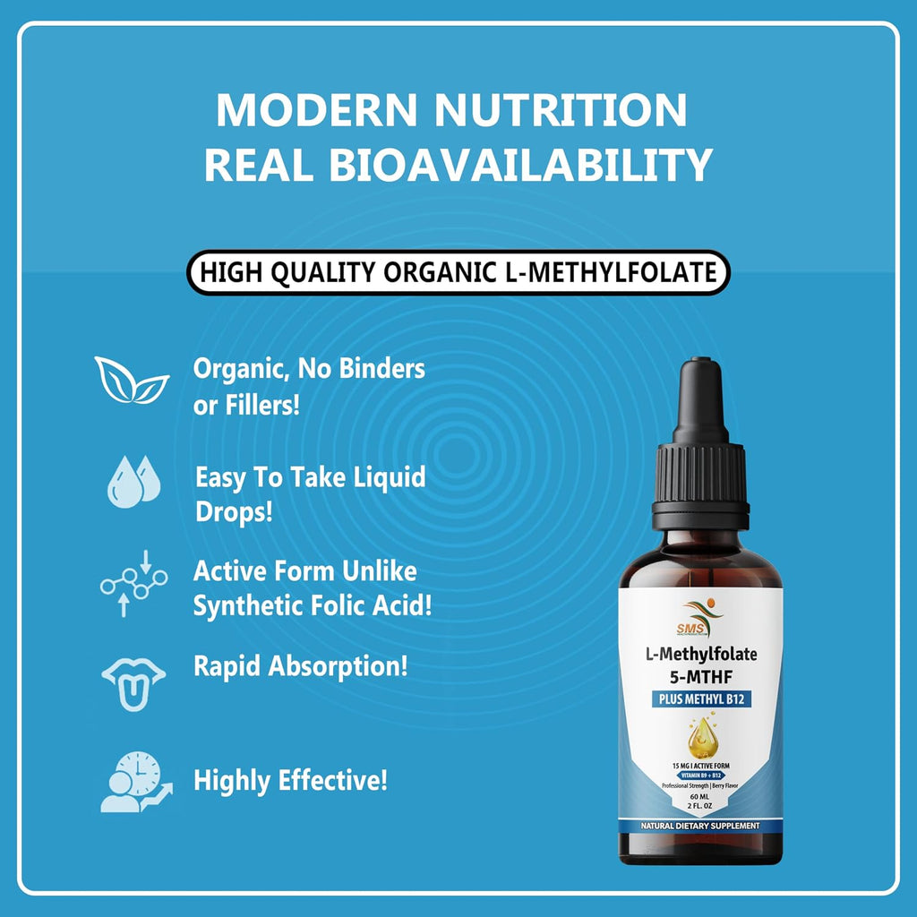 L-Methylfolate 15mg + Methyl B12 Gotas Líquidas Sublinguales, Alta Potencia, 5-MTHF Activo y B12 Bioactivo, Sabor a Baya (60ml)