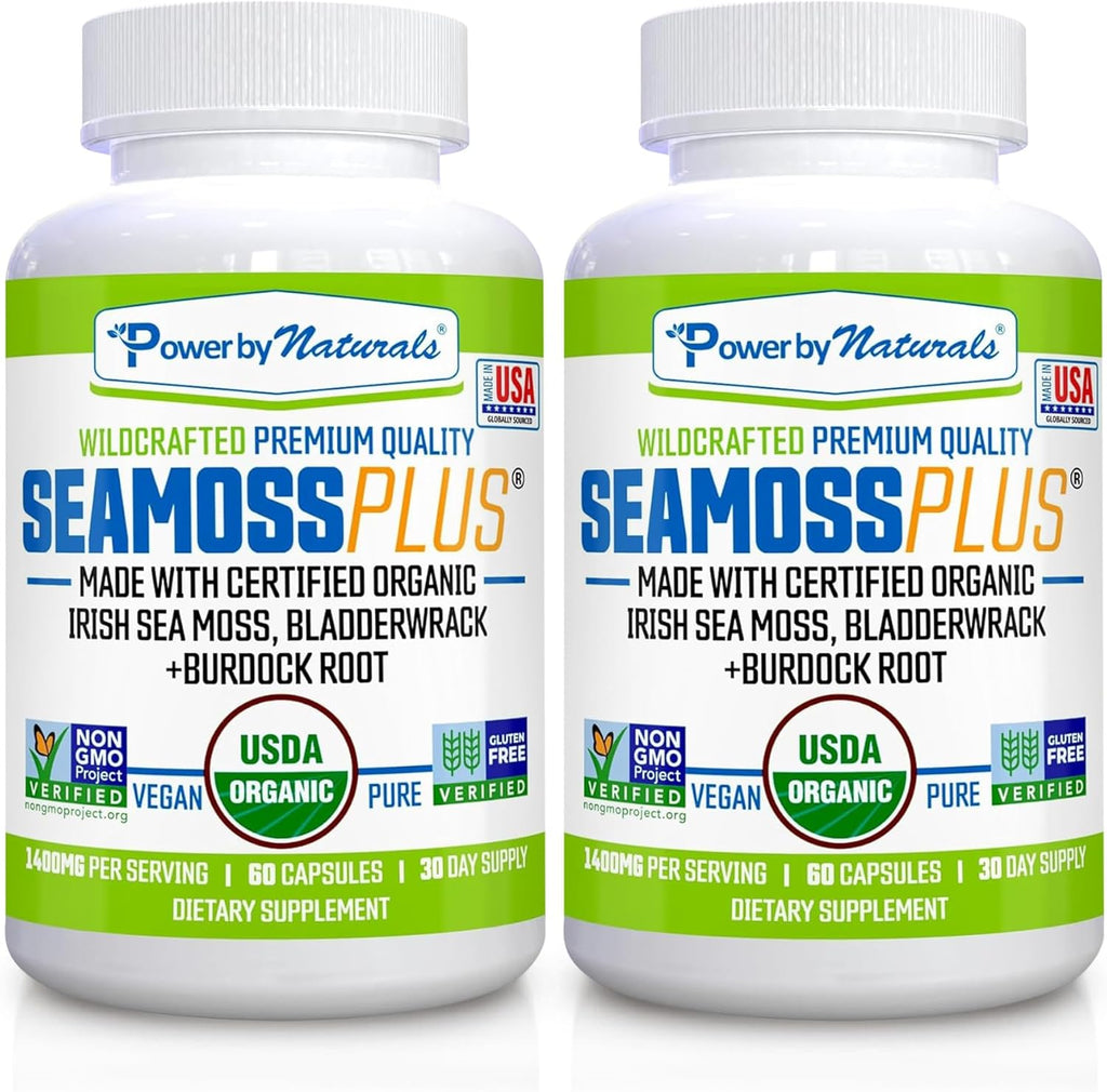 Power By Naturals Sea Moss Plus – Cápsulas Orgánicas de Musgo de Mar Irlandés con Bladderwrack y Raíz de Bardana – 120 Cápsulas (Suministro para 2 Meses)