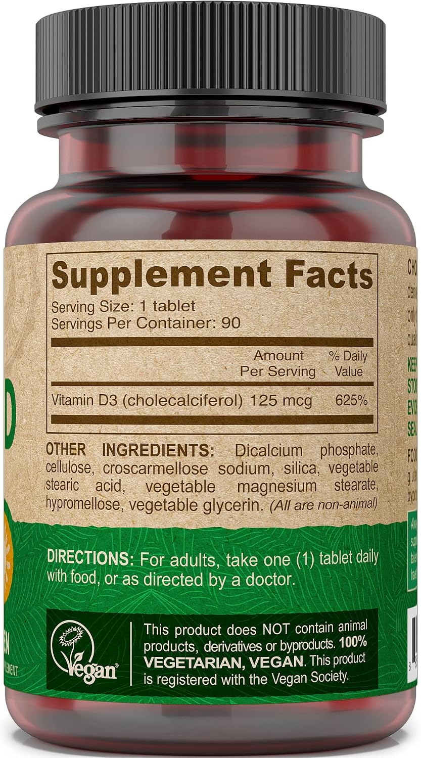 DEVA Vitamina D3 5000 UI - Suplemento Vegano a partir de Liquen, 90 Comprimidos