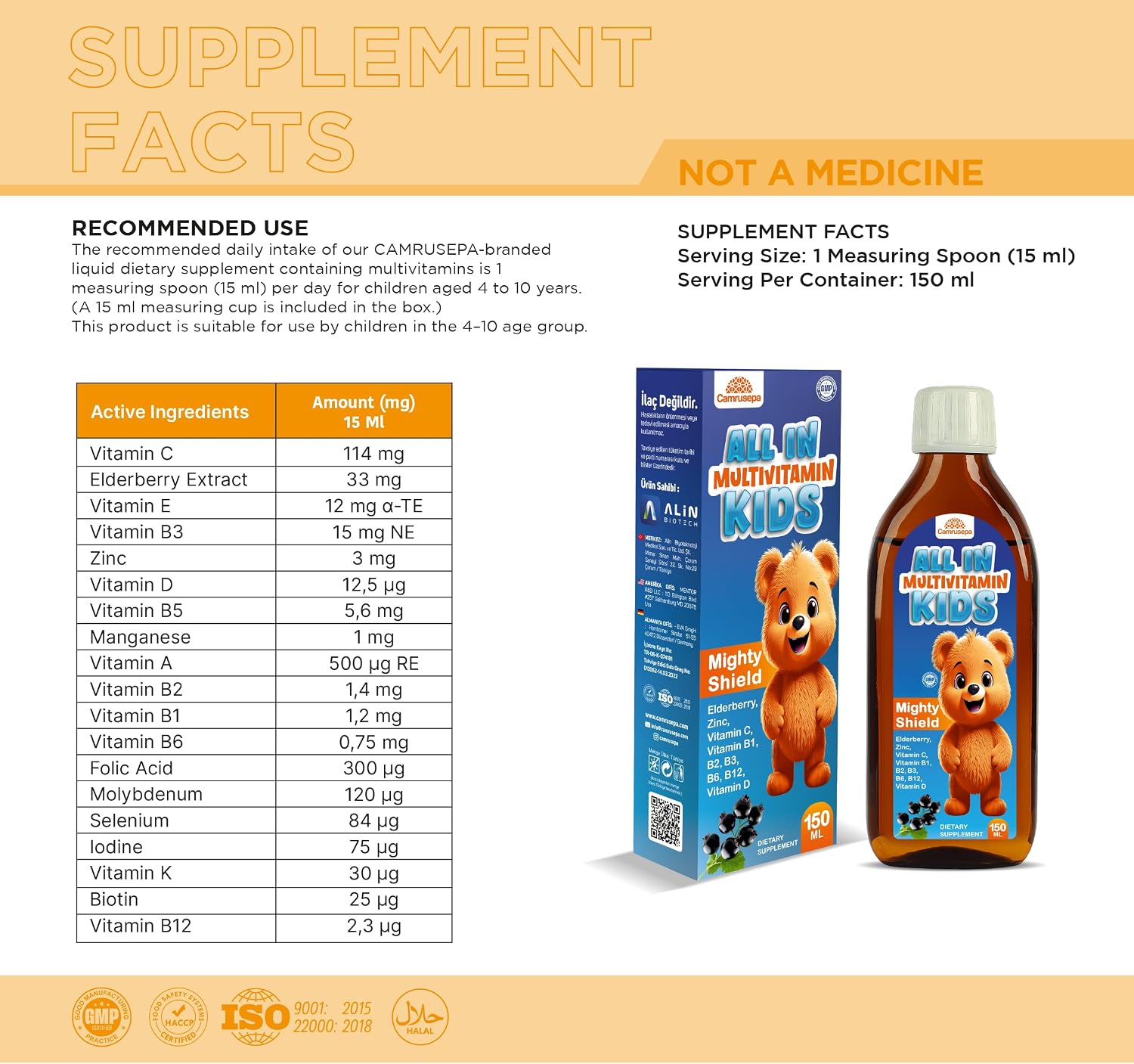 All in Multivitamin Kids Syrup – Black Elderberry Flavored, Inositol, Zinc, Vitamin C, Daily Liquid Multivitamin for Kids Immune, Growth, Appetite, Energy – 150 ml / 5 fl oz