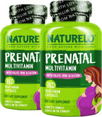 NATURELO Prenatal Multivitamin with Gentle Chelated Iron, Methyl Folate, Plant Calcium & Choline – 180 Cápsulas (Pack de 2)