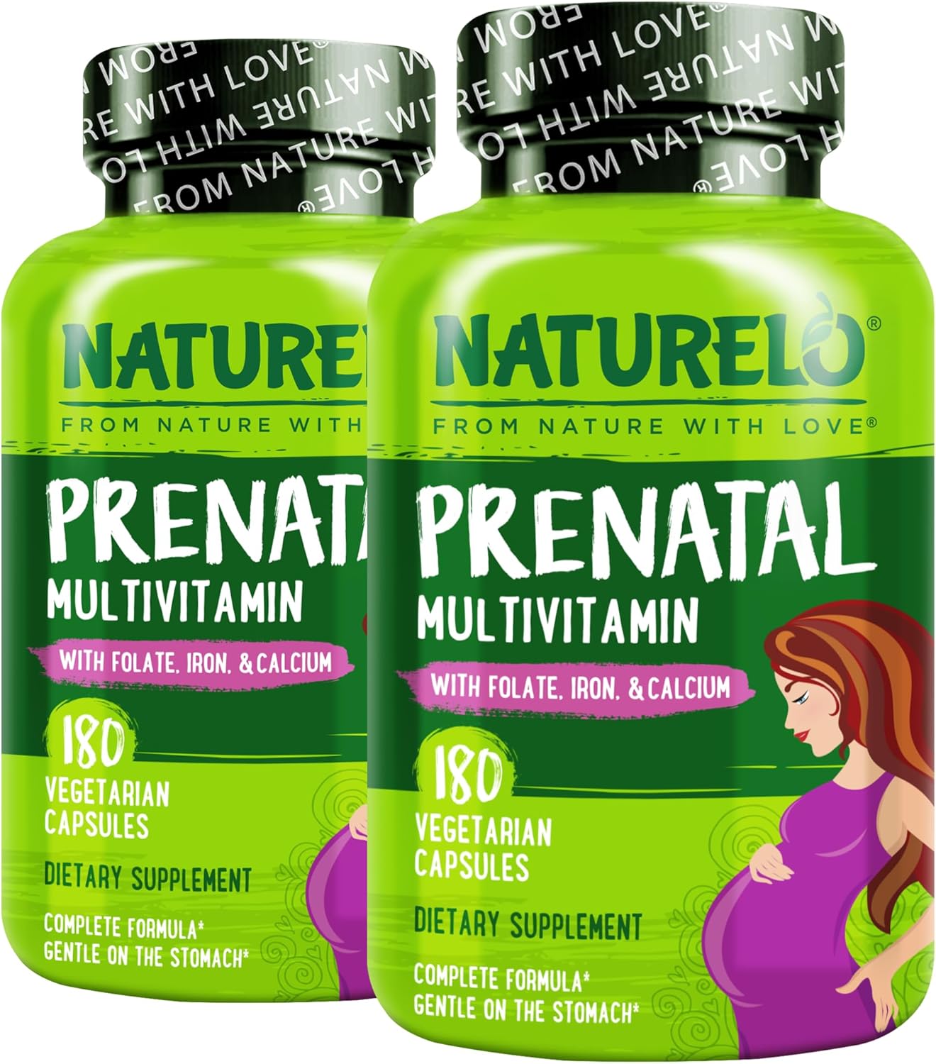 NATURELO Prenatal Multivitamin with Gentle Chelated Iron, Methyl Folate, Plant Calcium & Choline – 180 Cápsulas (Pack de 2)