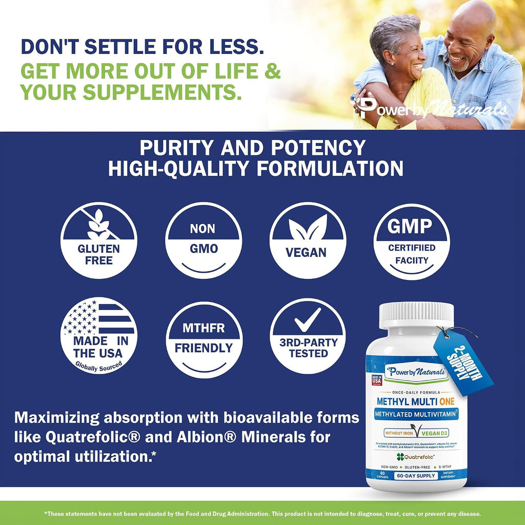 Power By Naturals Methyl Multi One - Multivitamínico Metilado Sin Hierro con 5-MTHF, Metilcobalamina y CoQ10 - 60 Cápsulas