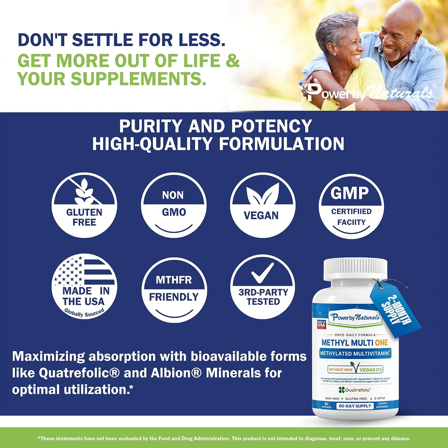 Power By Naturals Methyl Multi One - Multivitamínico Metilado Sin Hierro con 5-MTHF, Metilcobalamina y CoQ10 - 60 Cápsulas