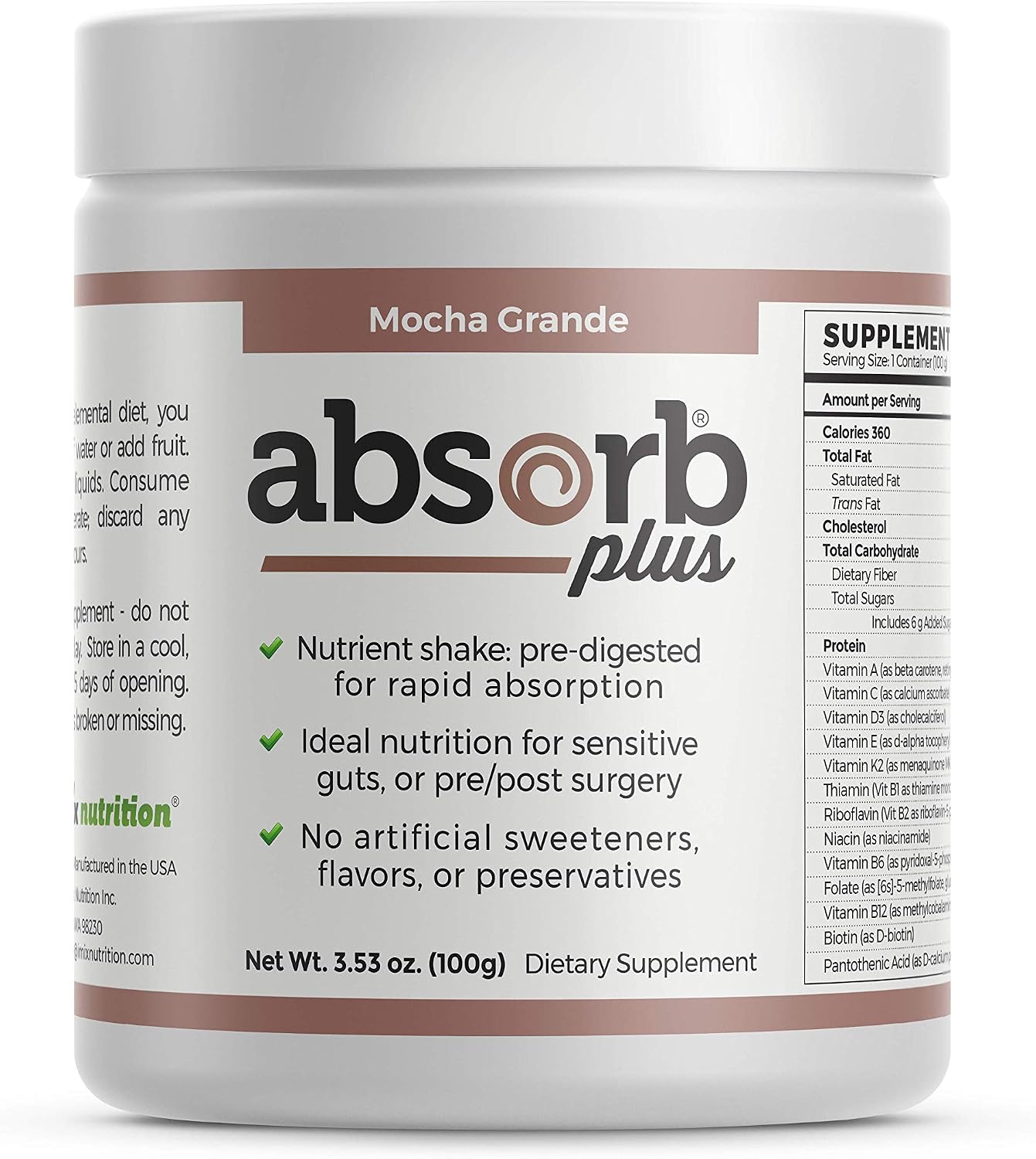 Absorb Plus Isolate Protein - Suplemento Dietético para la Salud Digestiva, Apoyo Nutricional Extra, No-GMO, Sin Gluten, Sin Lactosa, Sin Caseína (100 g, Mocha Grande)