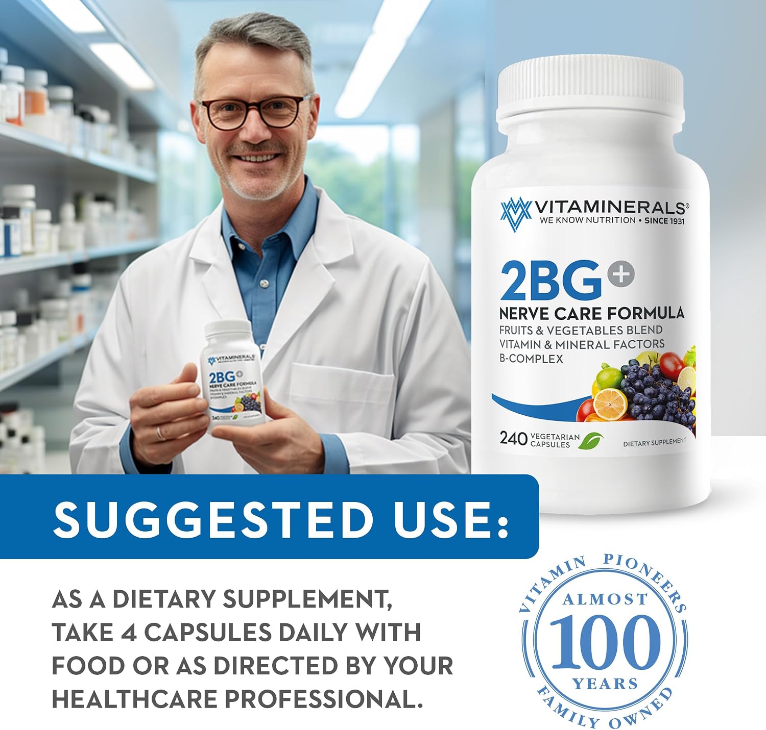 Vitaminerals 2BG+ B Complex Immune Support High Potency B Complex con Mezcla de Frutas y Verduras - 120 Cápsulas Vegetales
