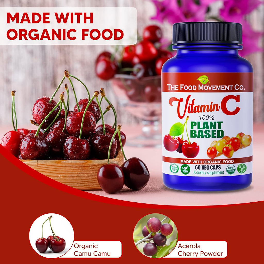 THE FOOD MOVEMENT CO. 100% Plant-Based Vitamin C - 125 mg, 60 Cápsulas - Suplemento Alimenticio Vegano y Orgánico