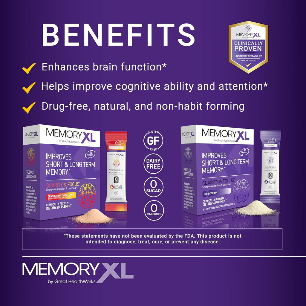 MemoryXL - Magnesio L-Treonato con Fosfatidilserina y Vitaminas - 30 sticks sabor arándano limón