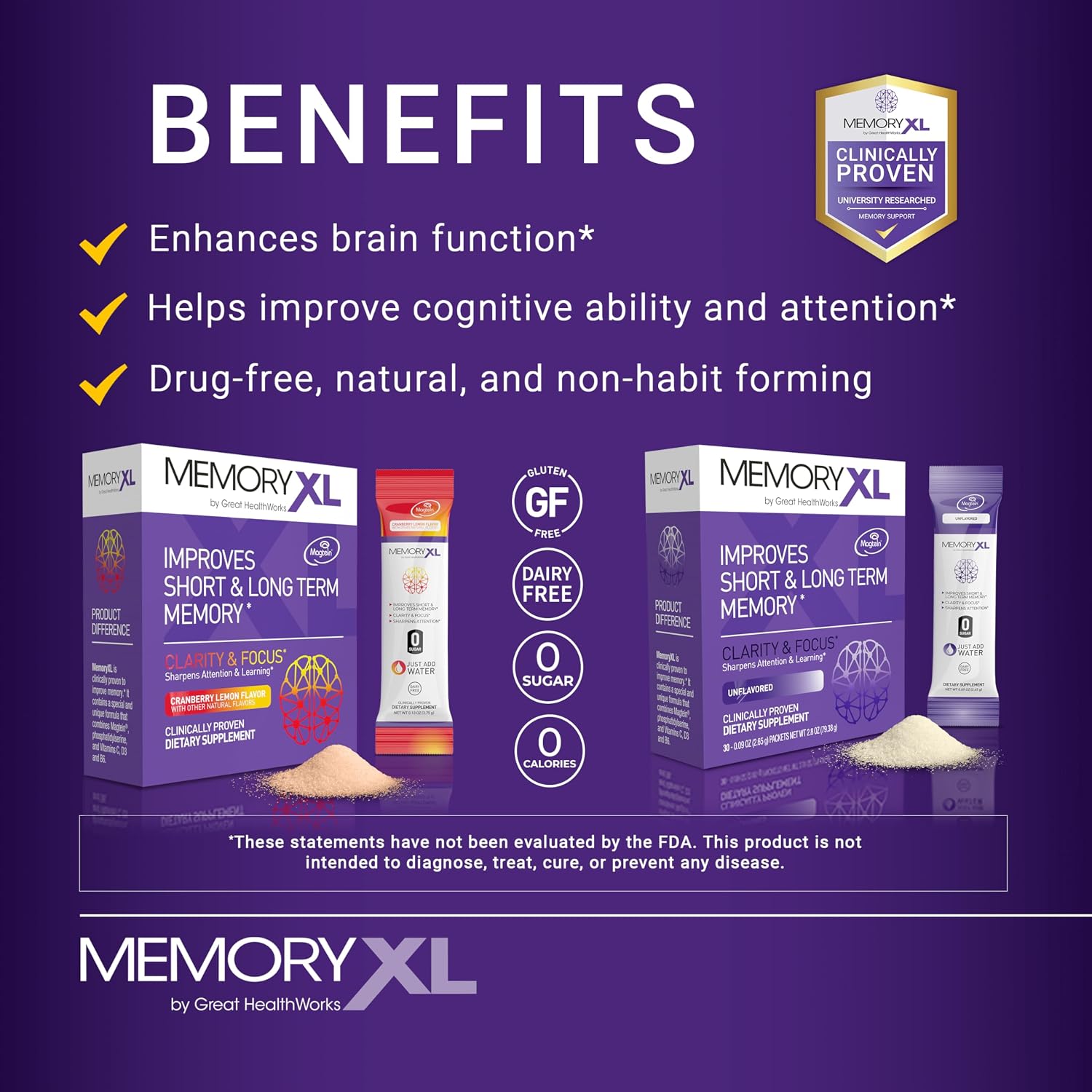 MemoryXL - Magnesio L-Treonato con Fosfatidilserina y Vitaminas - 30 sticks sabor arándano limón