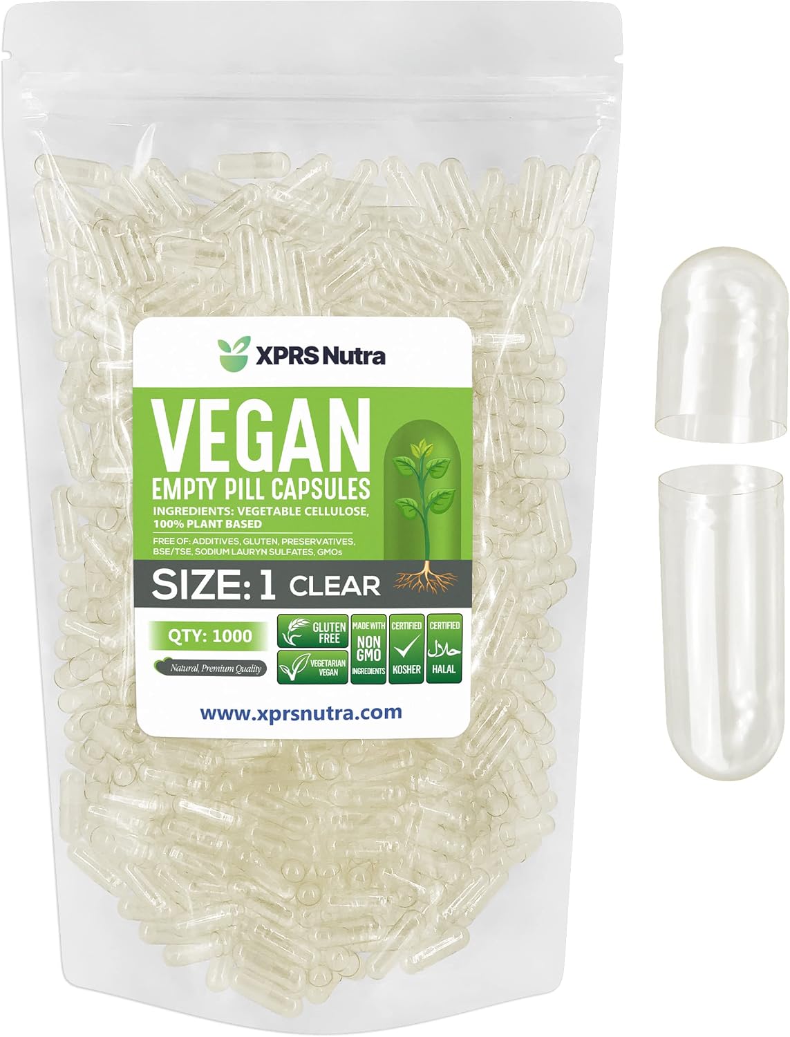 XPRS Nutra Cápsulas Vacías Tamaño 1 - 1000 uds - Cápsulas Veganas Transparentes