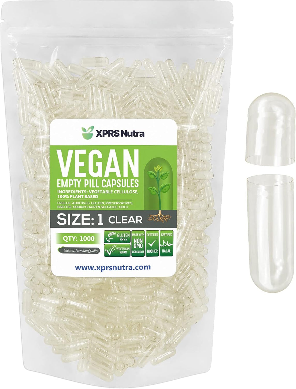 Cápsulas Vacías Veganas Tamaño 1 - XPRS Nutra - 1000 Unidades - Cápsulas Vegetales para Rellenar - DIY Suplementos