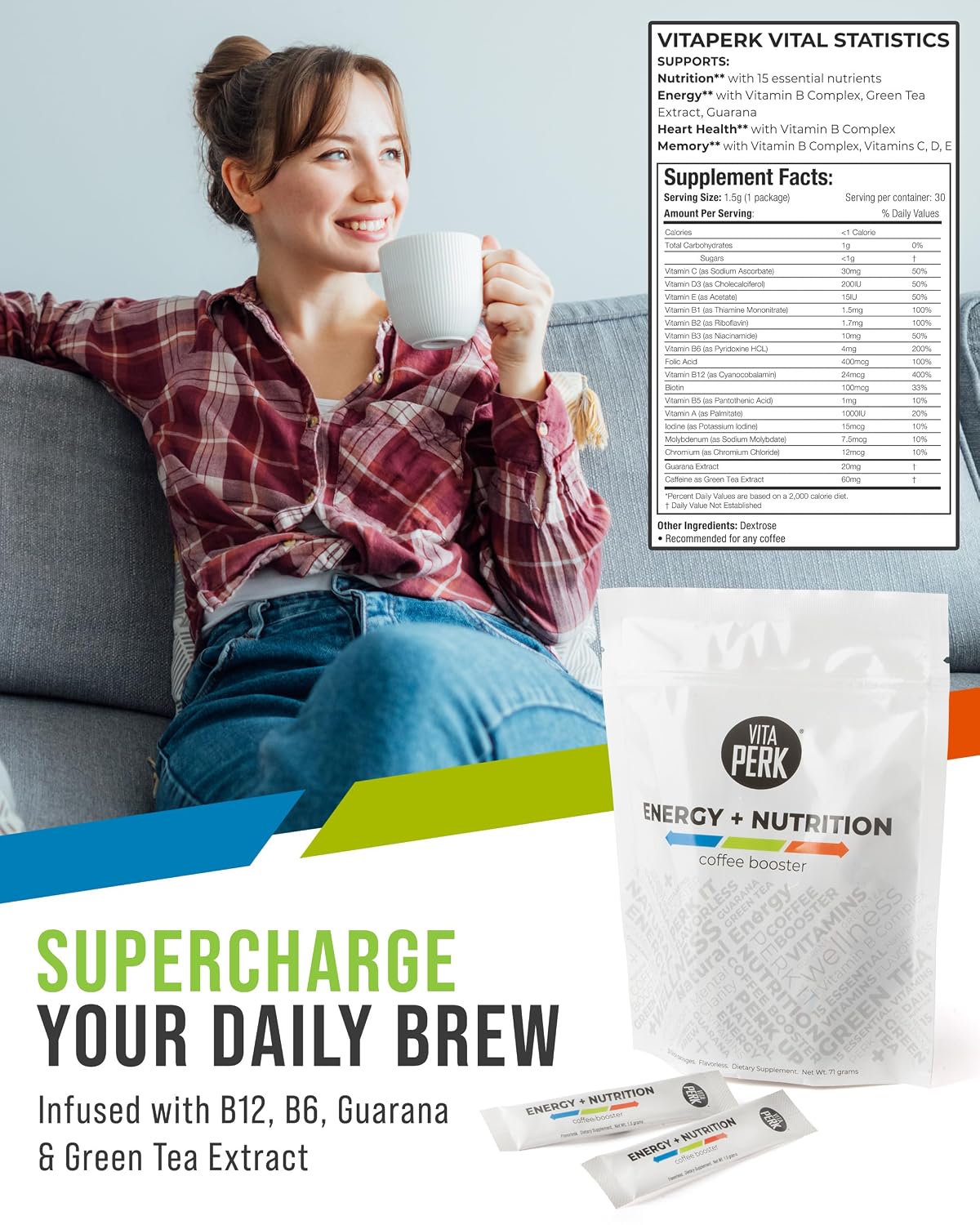 VitaPerk Polvo Multivitamínico sin Sabor - 30 Sobres con 15 Vitaminas, Minerales, Té Verde y Guaraná