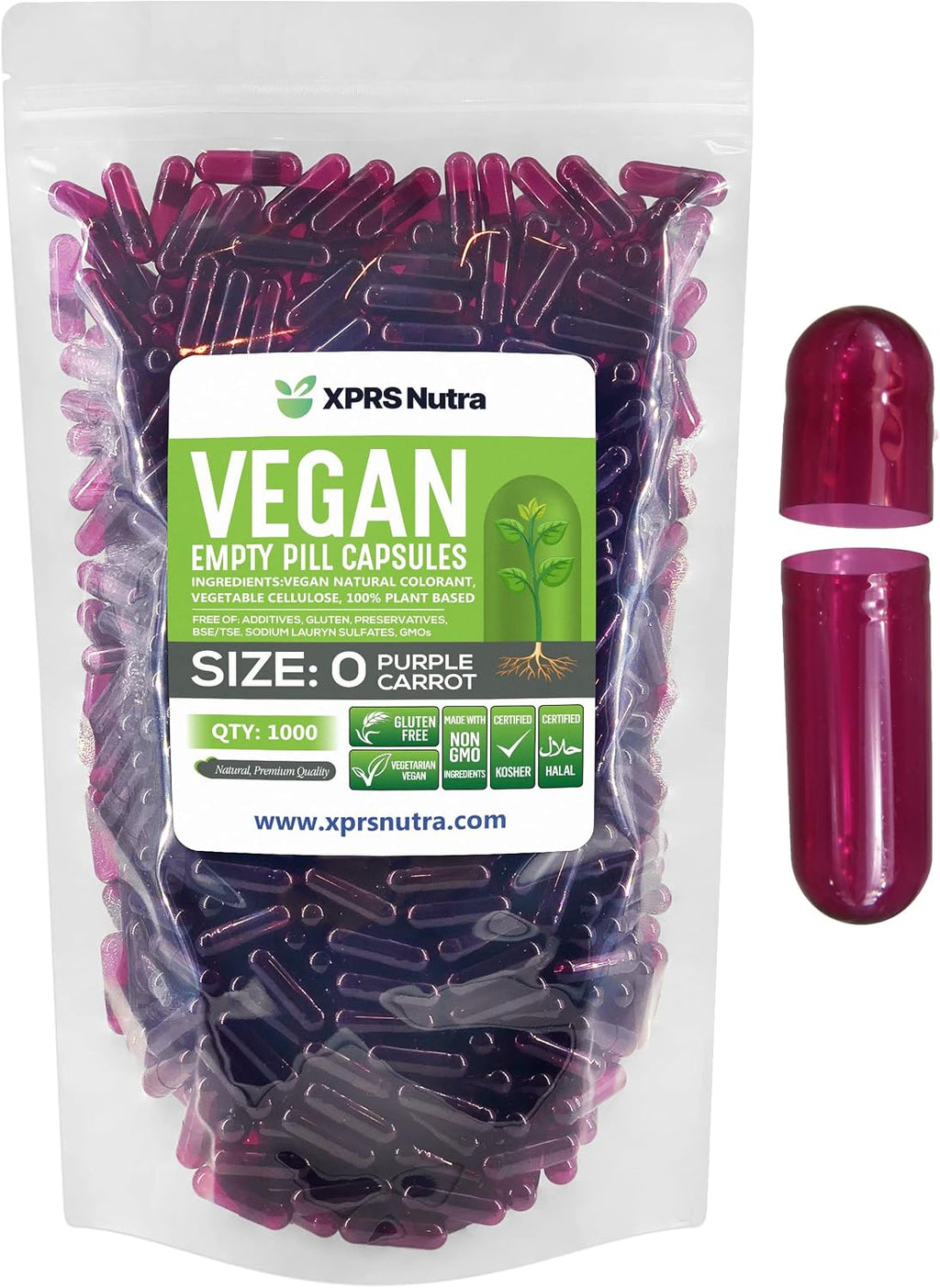 XPRS Nutra Cápsulas Vacías Tamaño 0 - 1000 Unidades - Cápsulas Veganas - Cápsulas de Celulosa Vegetal para Rellenar - Color Púrpura Zanahoria