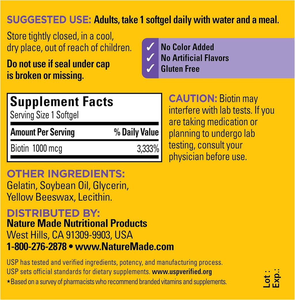 Nature Made Biotina 1000 mcg, 120 Cápsulas Blandas - Complemento Alimenticio