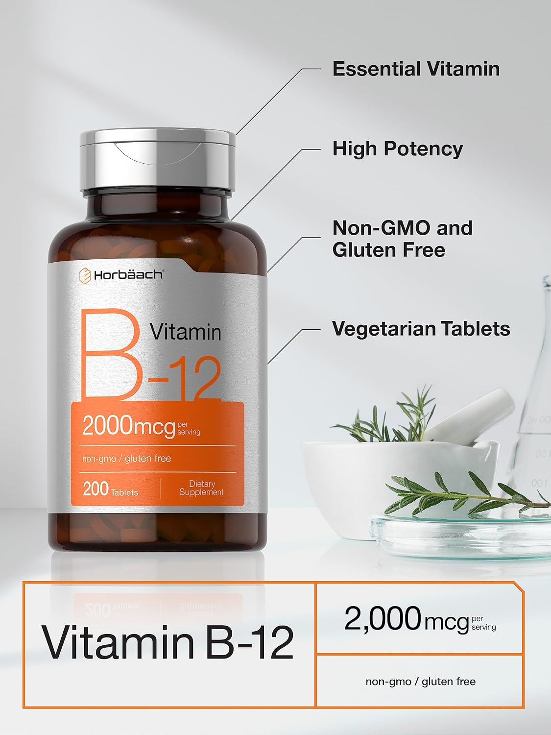 Horbäach Vitamina B12 2000 mcg | 200 Comprimidos | Suplemento Vegetariano | Sin Gluten y Sin OMG