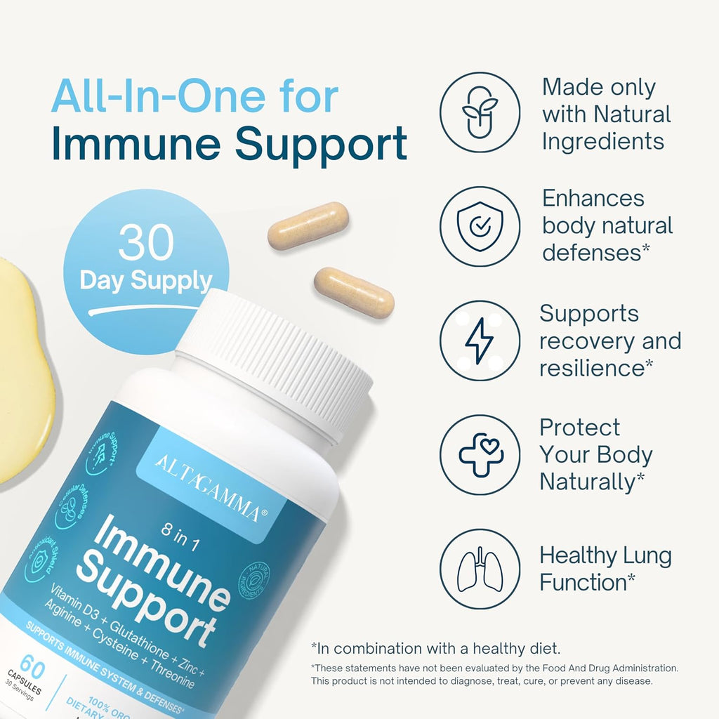 ALTAGAMMA 8 en 1 Suplemento de Apoyo Inmunológico con L-Lisina, Vitamina D y Zinc, 60 Cápsulas