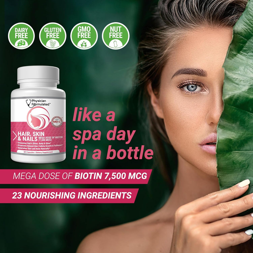 Healthy Hair Skin and Nails - Vitaminas para Cabello, Piel y Uñas con 7500 mcg de Biotina, Colágeno y Ácido Hialurónico - 60 Cápsulas