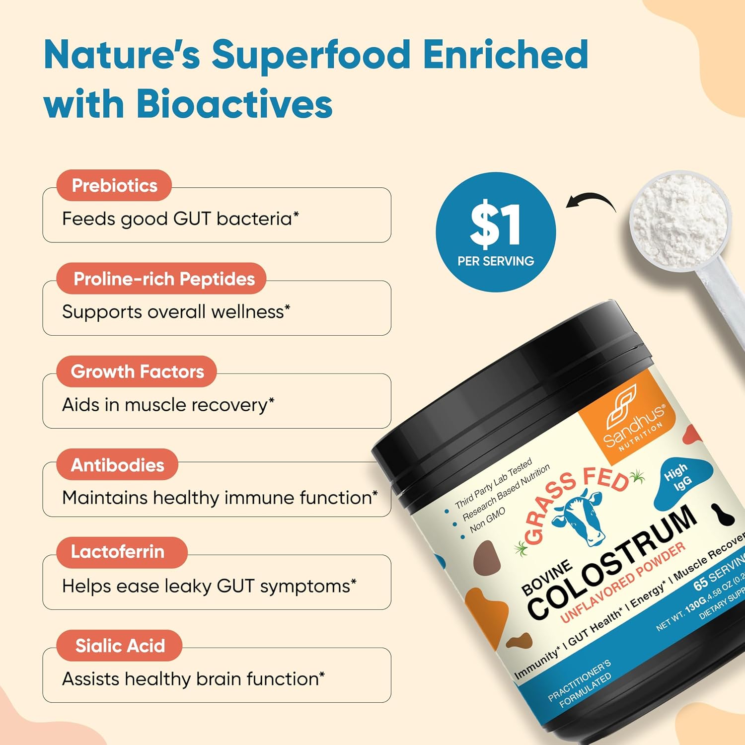 Sandhu's Calostro Bovino de Vacas Alimentadas con Pasto - Polvo para Humanos - 65 porciones