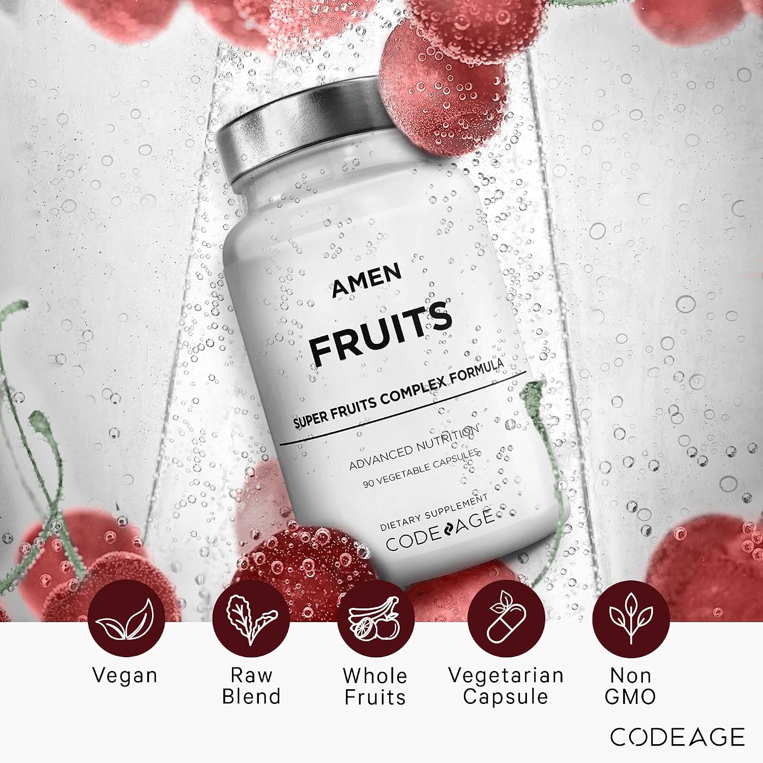 Amen Fruits, Suplemento Diario de Vitaminas con Más de 20 Extractos de Frutas Enteras - Multivitamínico Natural, Bayas, Antioxidantes, Polifenoles y Flavonoides - No-GMO - 90 Cápsulas